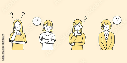 若い女性達　友達　若者　疑問　考える　？　大学生　イラスト素材