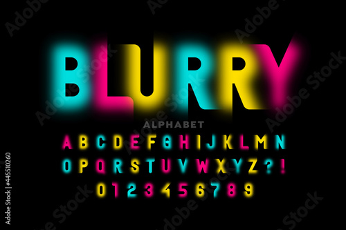 Colorful blurry style font, alphabet letters and numbers vector illustration