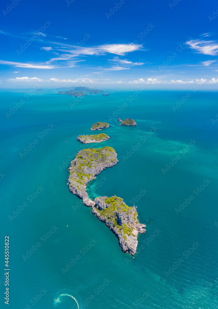 Angthong National Marine Park in the Gulf of Thailand Aerial Drone View with copy space Archipelago of islands in Southern Thailand Ang Thong Islands