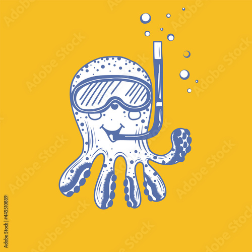 Cartoon octopus with snorkeling mask and snorkel. Cute print. Vector illustration for summer design. 