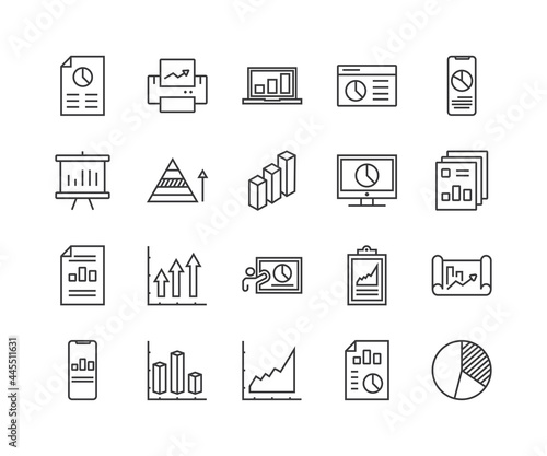 Simple Set of Graph Related Vector Line Icons. Contains such Icons as Report, Abstract Chart Presentation, Increase - Decrease Graph and more.