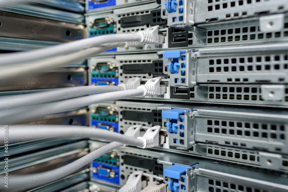 Working servers, switches or routers in data center with a lot of led lamps and cables Working servers, switches or routers in data center with a lot of led lamps and cables