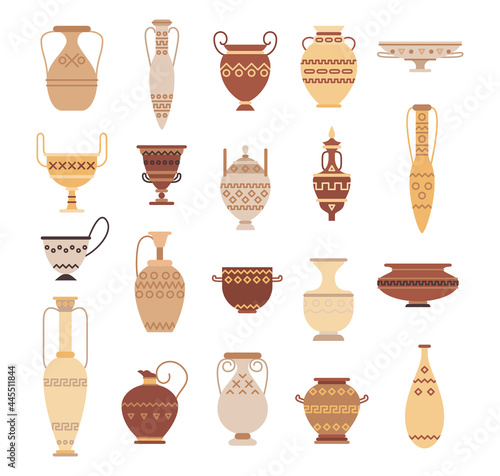 Set of ancient greek pottery isolated on white background, collection of clay pots, vases and amphoras. Flat vector illustration