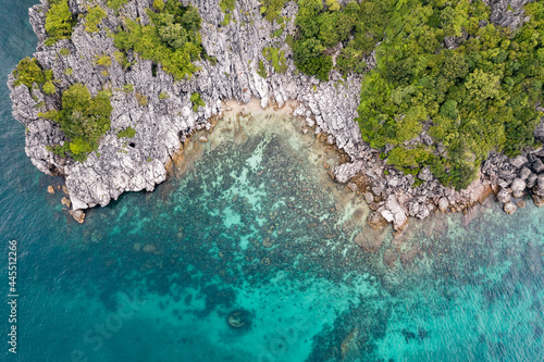 Angthong National Marine Park in the Gulf of Thailand Aerial Drone View with copy space Archipelago of islands in Southern Thailand Ang Thong Islands