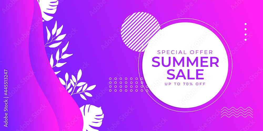 Colorful End of summer sale organic flat floral template for social media or flyer. Summer banner with floral gradient color background. Web banner template with floral foliage line element 