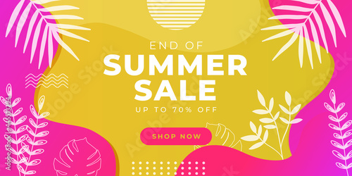 Colorful End of summer sale organic flat floral template for social media or flyer. Summer banner with floral gradient color background. Web banner template with floral foliage line element 