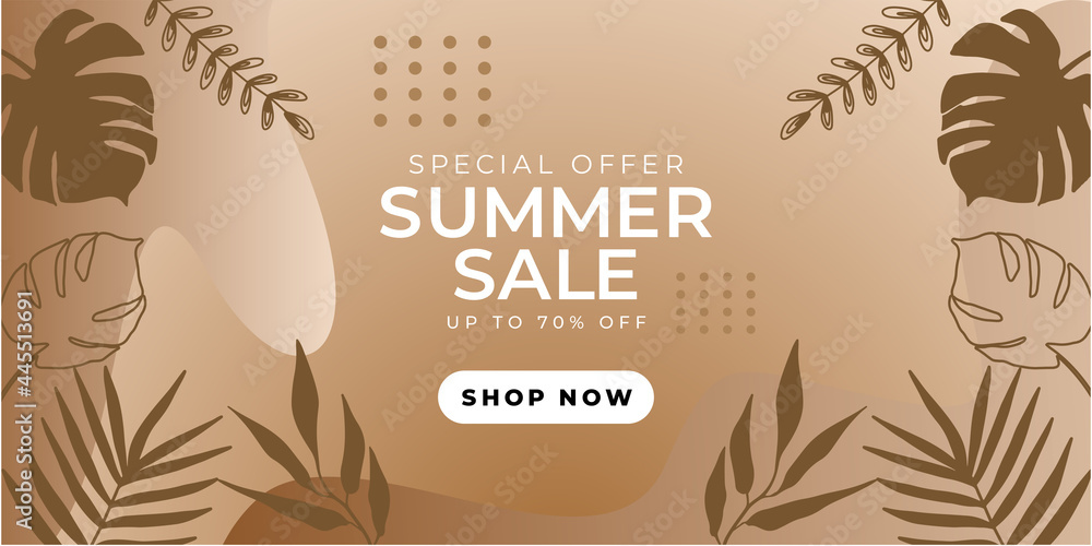 Summer sale organic flat floral template for social media or flyer. Summer banner earth tone color with floral decoration. Hand drawn summer landing page template background 