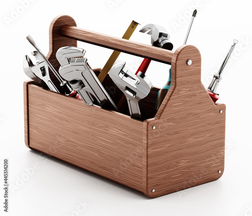 Wooden toolbox with various hand tools isolated on white background. 3D illustration