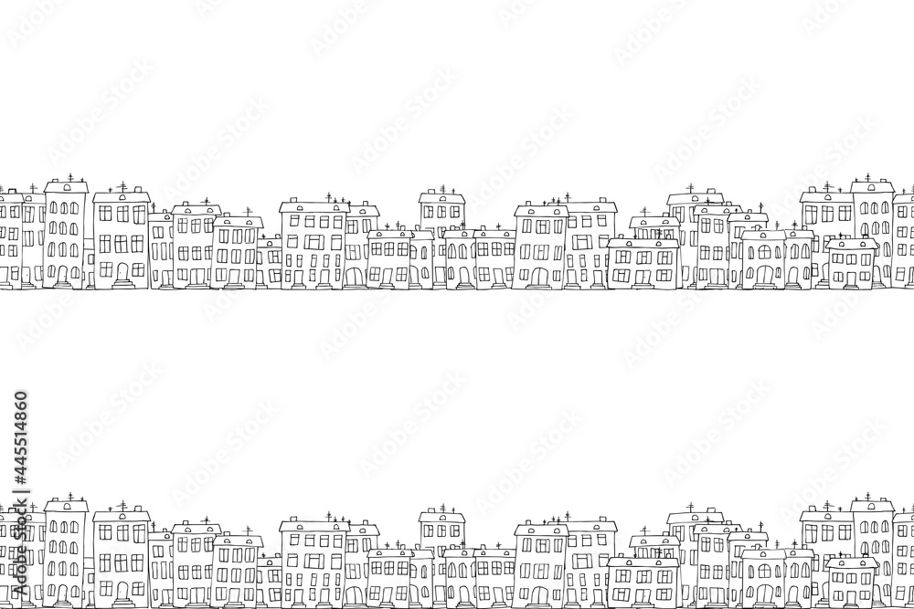 House doodle pattern, village vector illustration. Seamless texture in black and white colors