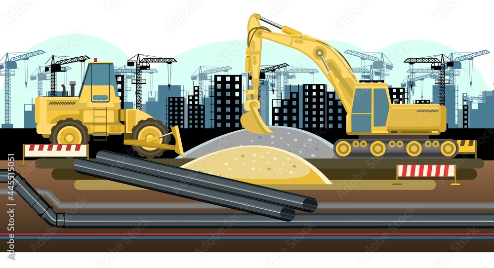 Industrial pipeline laying. Construction of new quarters. Excavation and laying of underground pipes with water, gas or sewerage. Isolated Illustration vector
