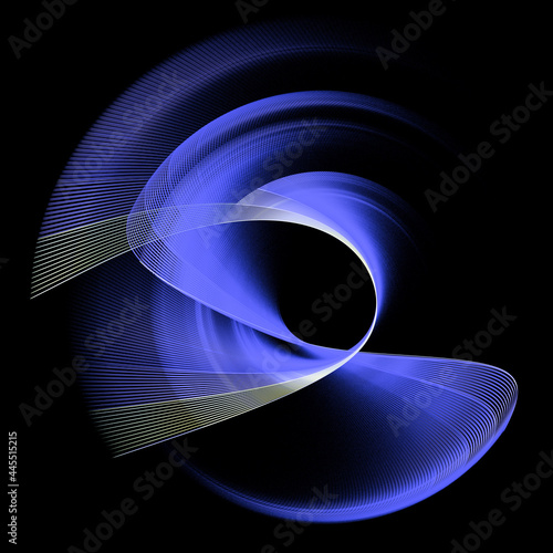 Fotografie Blue, striped arcuate and wavy elements intersect and rotate against a black background