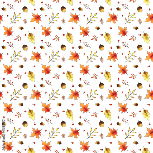 seamless watercolor pattern of autumn leaves, wild berries and amanitas on a white background.