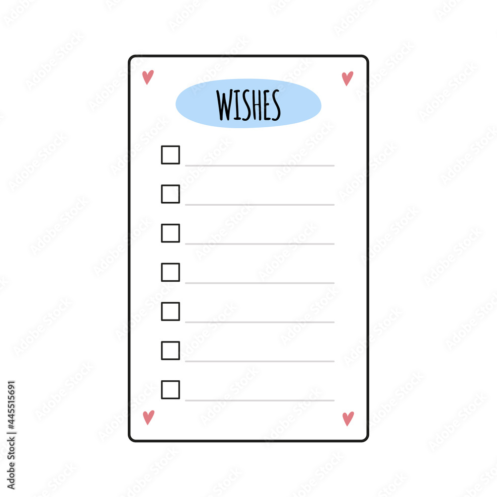 Wish list elements for bullet journal. Page template with check boxes.  Wishlist. Vector illustration isolated on white background. vector de Stock  | Adobe Stock