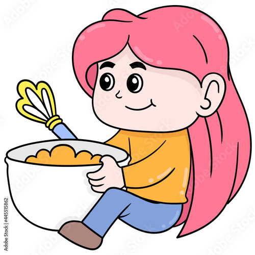 kid girl is kneading cake dough, doodle icon image kawaii