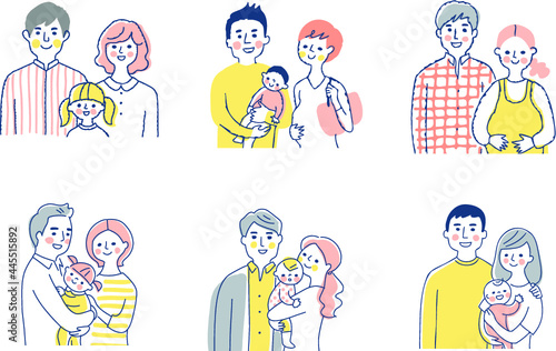 複数の若い家族　笑顔　上半身　セット