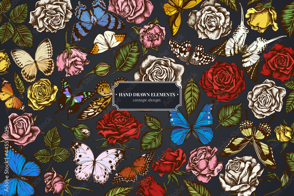 Floral design on dark background with menelaus blue morpho, giant swordtail, blue morpho, lemon butterfly, red lacewing, african giant swallowtail, alcides agathyrsus, wallace's golden birdwing Floral design on dark background with menelaus blue morpho, giant swordtail, blue morpho, lemon butterfly, red lacewing, african giant swallowtail, alcides agathyrsus, wallace's golden birdwing
