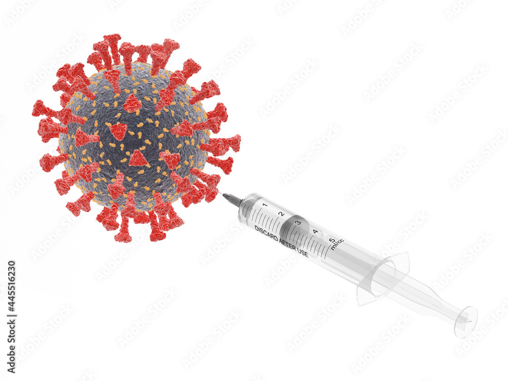 Coronavirus and syringe. Conceptual symbol of vaccination from covid 19. Isolated on white background. 3D illustration Coronavirus and syringe. Conceptual symbol of vaccination from covid 19. Isolated on white background. 3D illustration