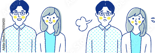 若いカップル　笑顔と困った表情