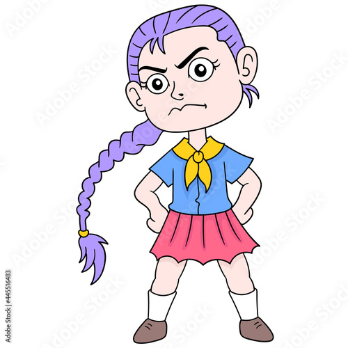 female student wearing a pretty uniform with an angry face with braided hair, doodle icon image kawaii photo