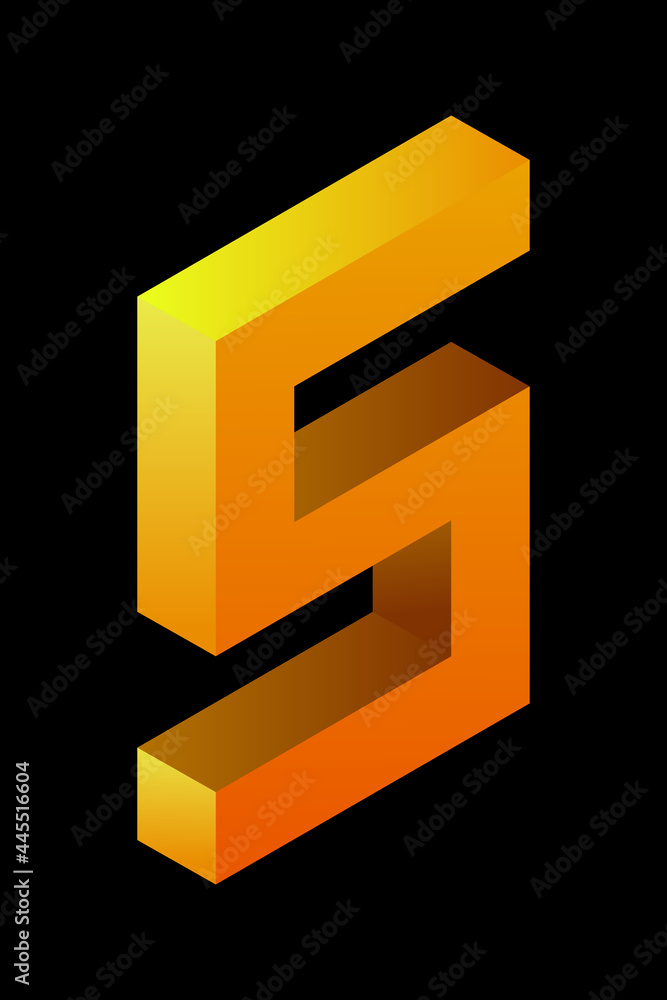 Gradient golden number 5 in isometric style. Yellow figure isolated on black background. Learning numbers, price, place. Gradient golden number 5 in isometric style. Yellow figure isolated on black background. Learning numbers, price, place.