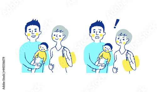 3人家族　笑顔と困った表情
