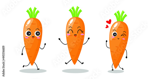 Vector illustration of carrot character with various cute expression, happy, funny, set of carrot isolated on white background, simple minimal style, for mascot collection, emoticon, kawaii