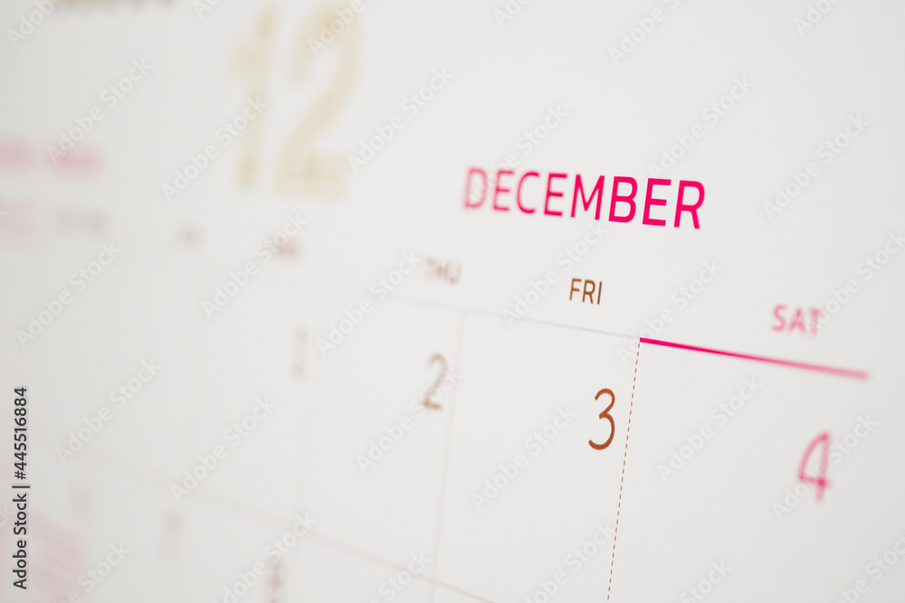 December calendar page with months and dates business planning appointment meeting concept December calendar page with months and dates business planning appointment meeting concept