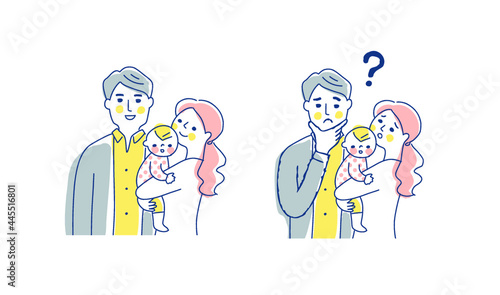 3人家族　笑顔と困った表情