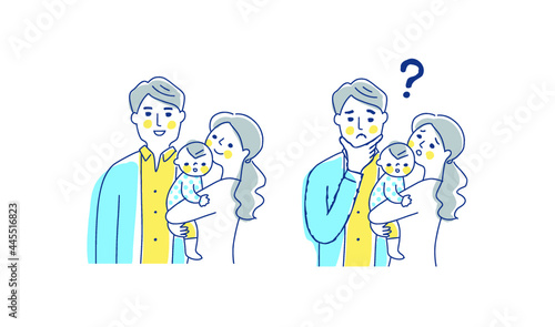 3人家族　笑顔と困った表情