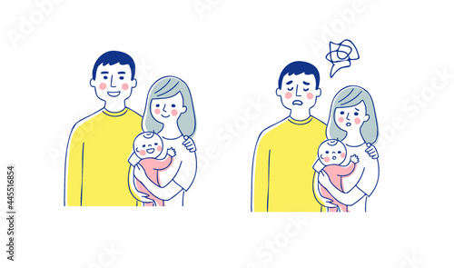 3人家族　笑顔と困った表情
