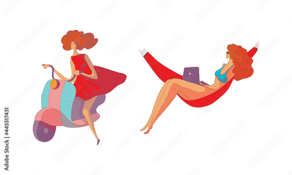 Slender Woman Sitting in Hammock with Laptop and Riding Scooter Vector Set