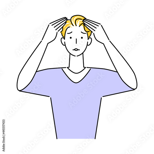 ヘアケア 頭頂部の薄毛と生え際の白髪が目立ってきて困り顔の可愛い男性 イラスト シンプル ベクター
