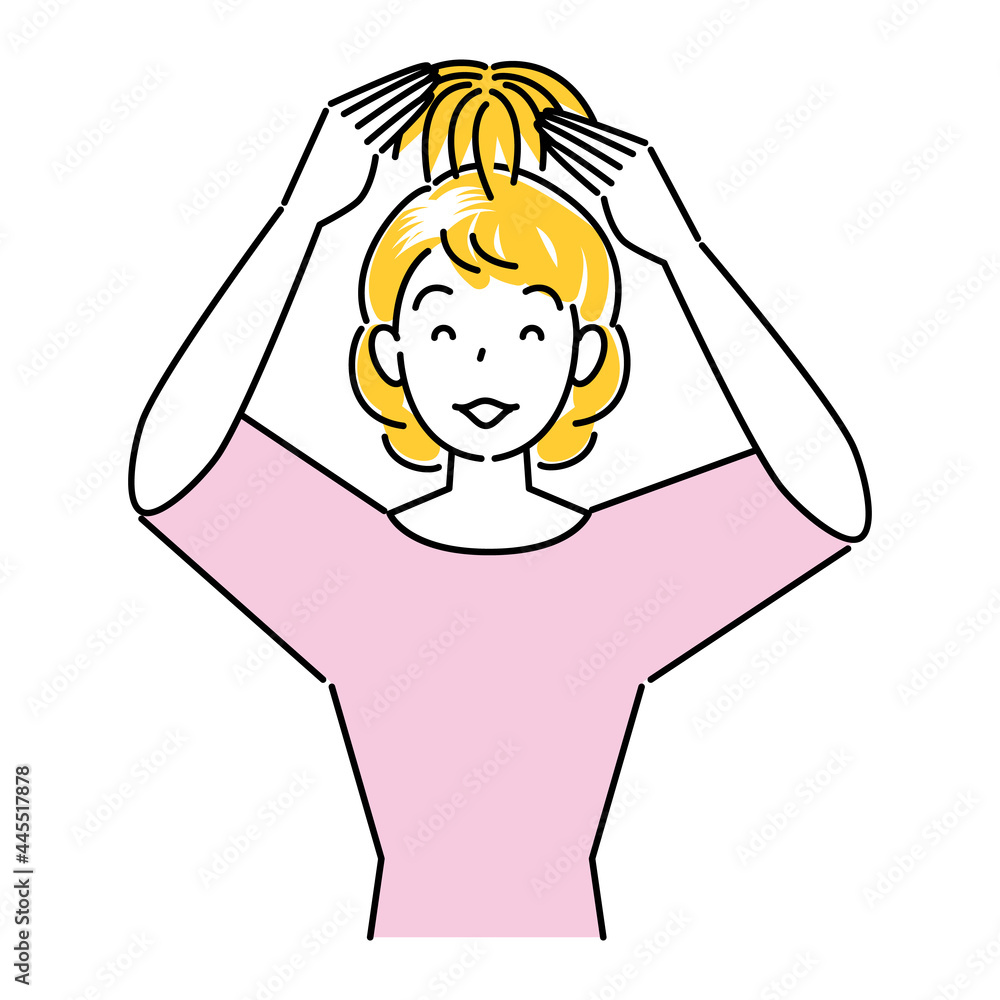 ヘアケア 部分カツラ ウィッグ を頭頂部に装着している可愛い女性 イラスト シンプル ベクター Hair Care Thinning And Graying Hair A Pretty Woman Trying To Wear A Partial Wig Wig On The Top Of Her Head Simple Illustration Vector Stock Vektorgrafik