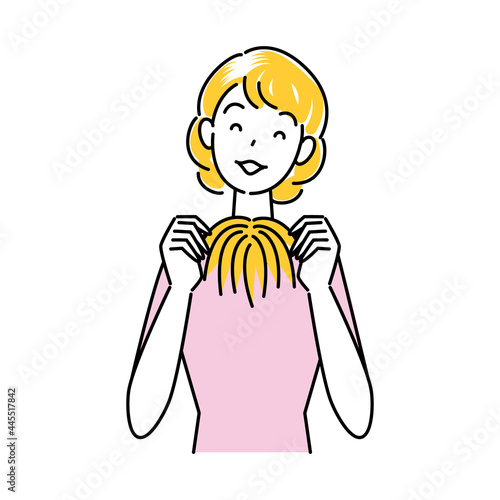 ヘアケア 部分カツラ（ウィッグ）を両手で持っている可愛い女性 イラスト シンプル ベクター 