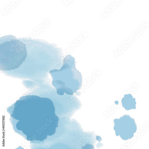 Watercolor or ink stains background. Abstract blue paint shapes. Isolated texture on white. Modern minimalist art. Design for party invitation or poster.