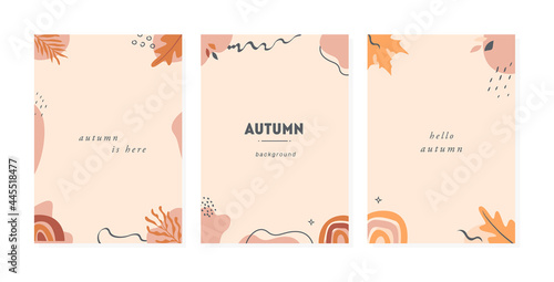 Set of trendy abstract autumn vertical templates with leaves  plants  rainbow and abstract shapes and lines. Fall season posters with copy space for text. Vector flat style backgrounds. 