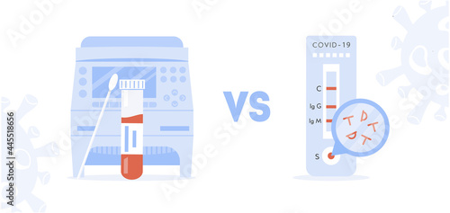 Concept of Covid PCR versus Rapid Test. Comparison between Polymerase Chain Reaction and Express Test. PCR machine with medical sample and Coronavirus testing kit. Vector flat style illustration.