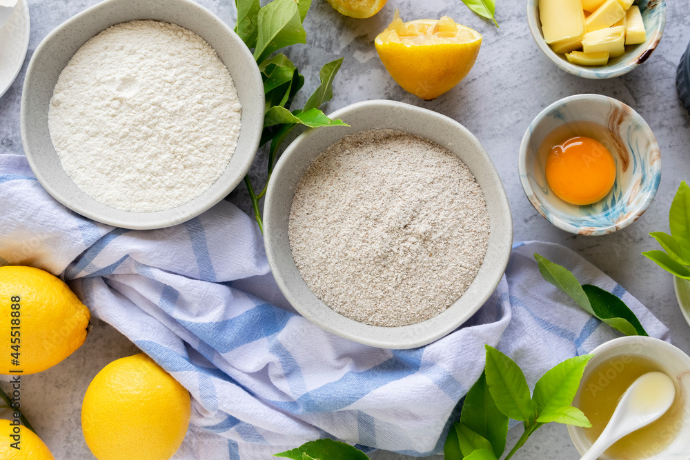 Ingredients for making traditional homemade lemon cake, fresh summer baking items Ingredients for making traditional homemade lemon cake, fresh summer baking items
