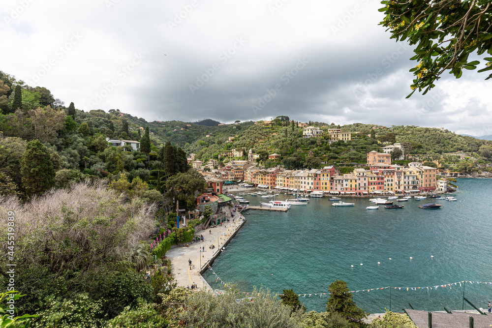 View to the city of Portofino from near hill with sky and clouds