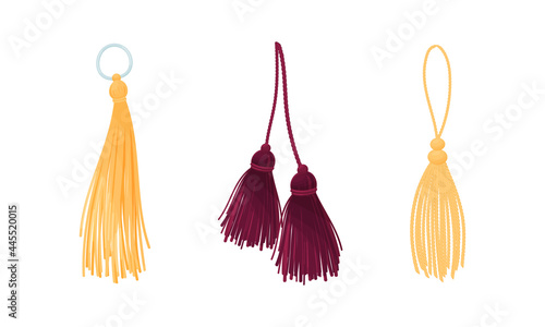 Tassel for Fabric and Clothing Decoration with Braided Cord and Yarn Skirt Vector Set