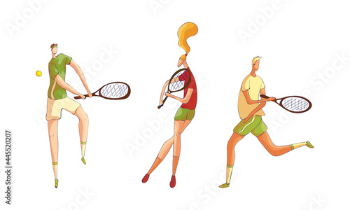 Man and Woman Athlete in Sportswear with Racket Playing Tennis Vector Set