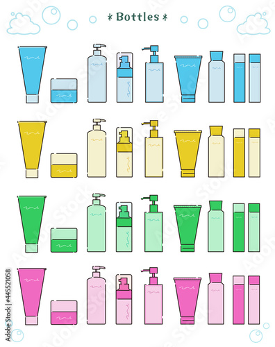 コスメボトル　基礎化粧品のベクターイラスト　cosmetic bottles line art and color vector illustrations