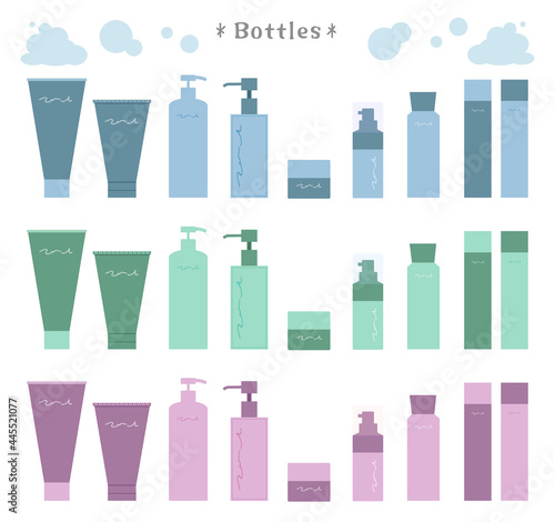 コスメボトル　基礎化粧品のベクターイラスト　cosmetic bottles vector flat illustrations