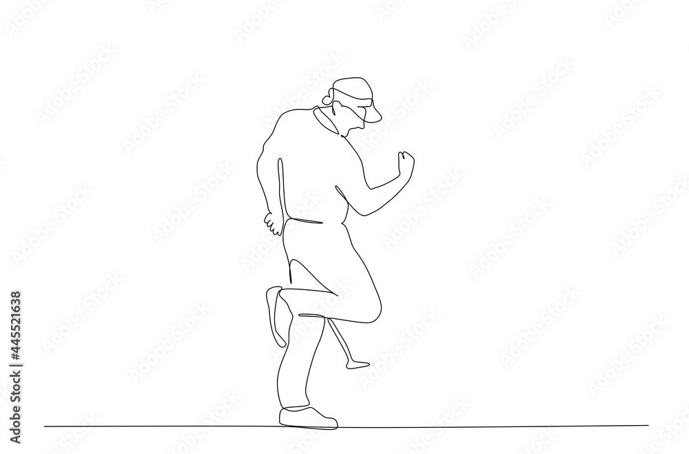 Continuous one line drawing of a man golfe player celebrating a victory. Healthy sport concept. Modern continuous line draw design for golf tournament poster graphic vector illustration Continuous one line drawing of a man golfe player celebrating a victory. Healthy sport concept. Modern continuous line draw design for golf tournament poster graphic vector illustration