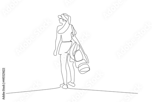 Continuous one line drawing of an active woman carrying a golf stand bag, while walking towards a training area for professional golf. Modern design for golf tournament poster vector illustration