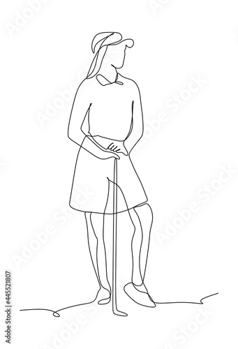 One single line drawing of young sporty golf player hit the ball using golf club vector graphic illustration. Healthy sport concept. Modern continuous line draw design for golf tournament poster