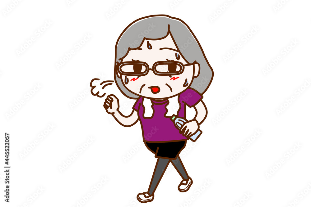 Fototapeta premium ＜全身・正面＞ペットボトルを持って汗だくでウォーキングをする高齢の女性