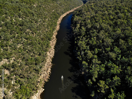 Drone photo of the Nepean Gorge on the Nepean River west of Sydney, New South Wales, Australia. The gorge is located south of the western suburb of Penrith.