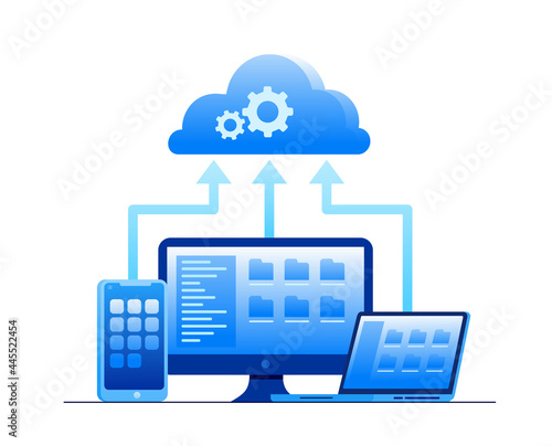 Database protection on cloud, data center security. Cloud storage landing page website illustration flat vector banner