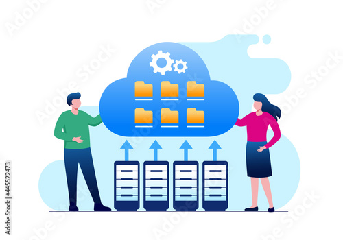 Database protection on cloud, data center security. Cloud storage landing page website illustration flat vector banner